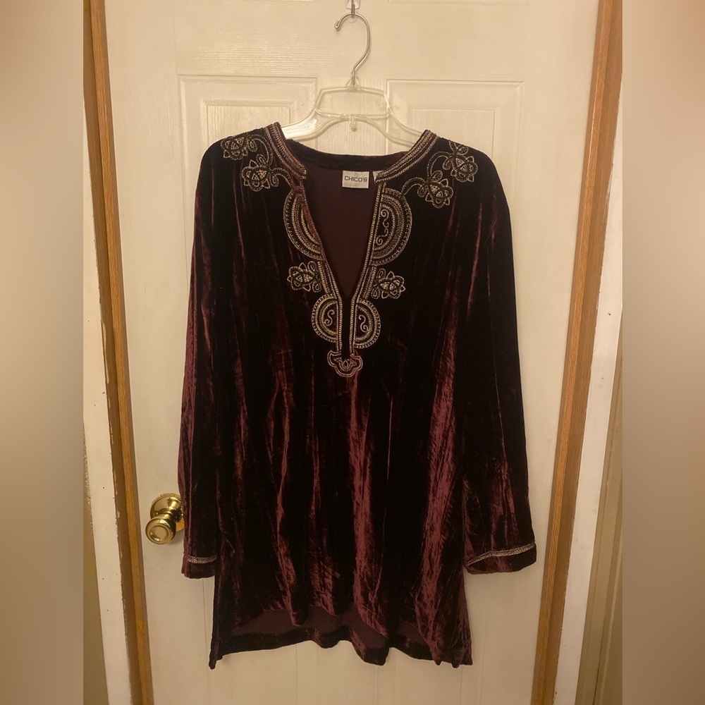 Chico's Velvet Embroidered Tunic in Deep Wine